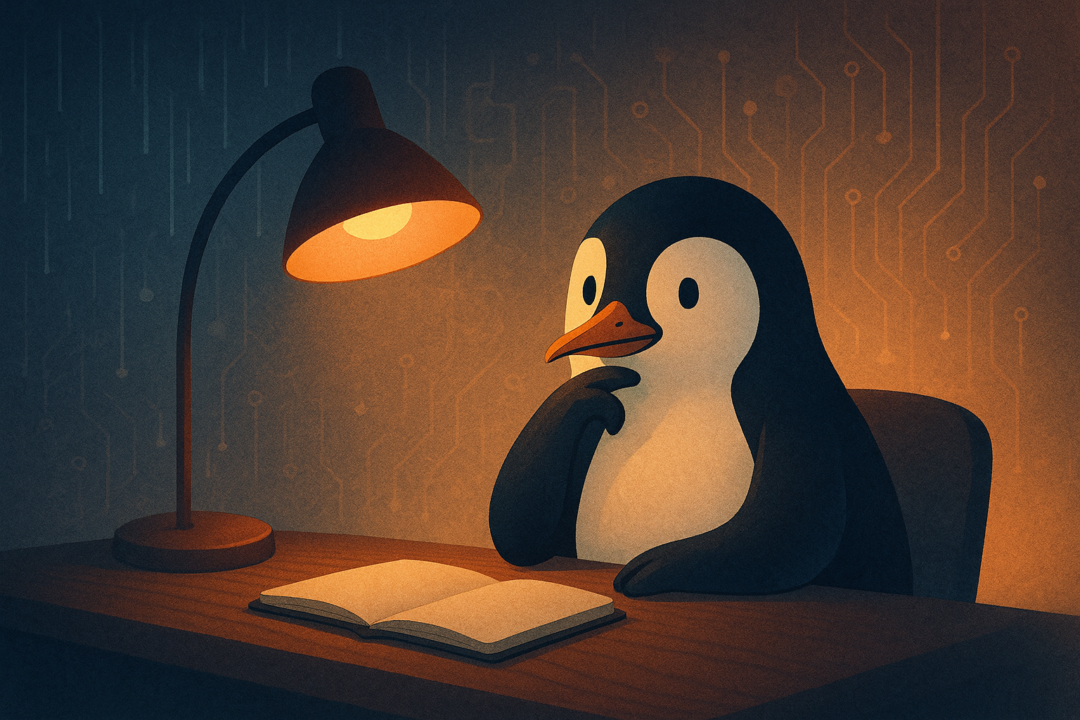 Mr. Penguin at a desk lamp