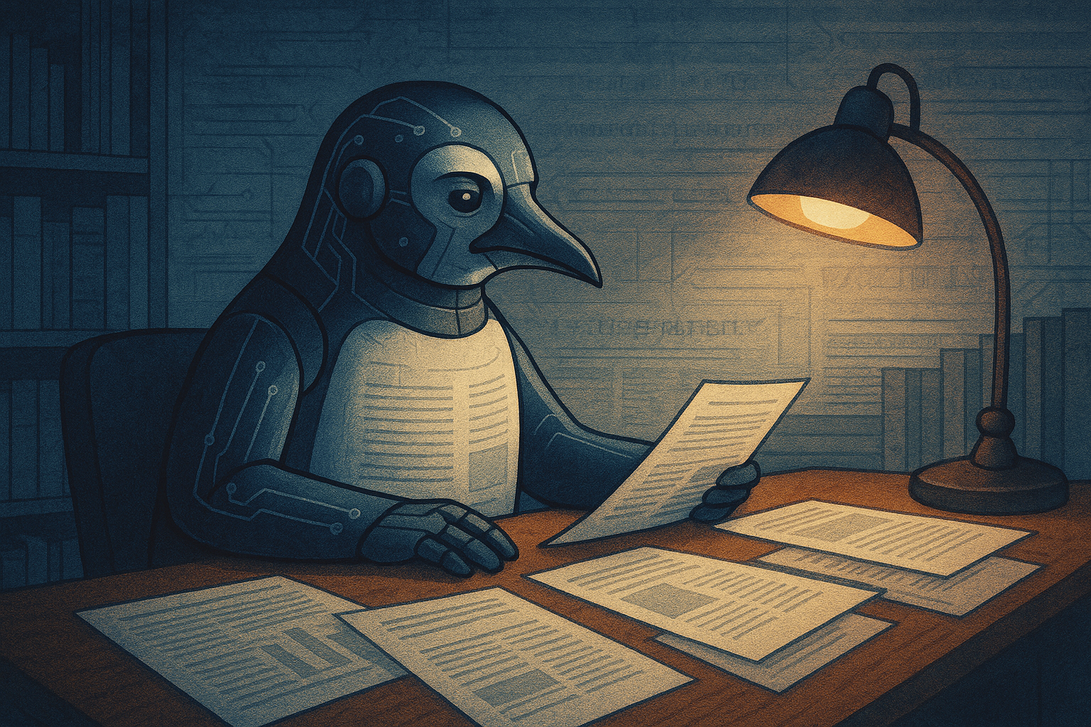Penguin AI familiar reading headlines in a warm-lit newsroom