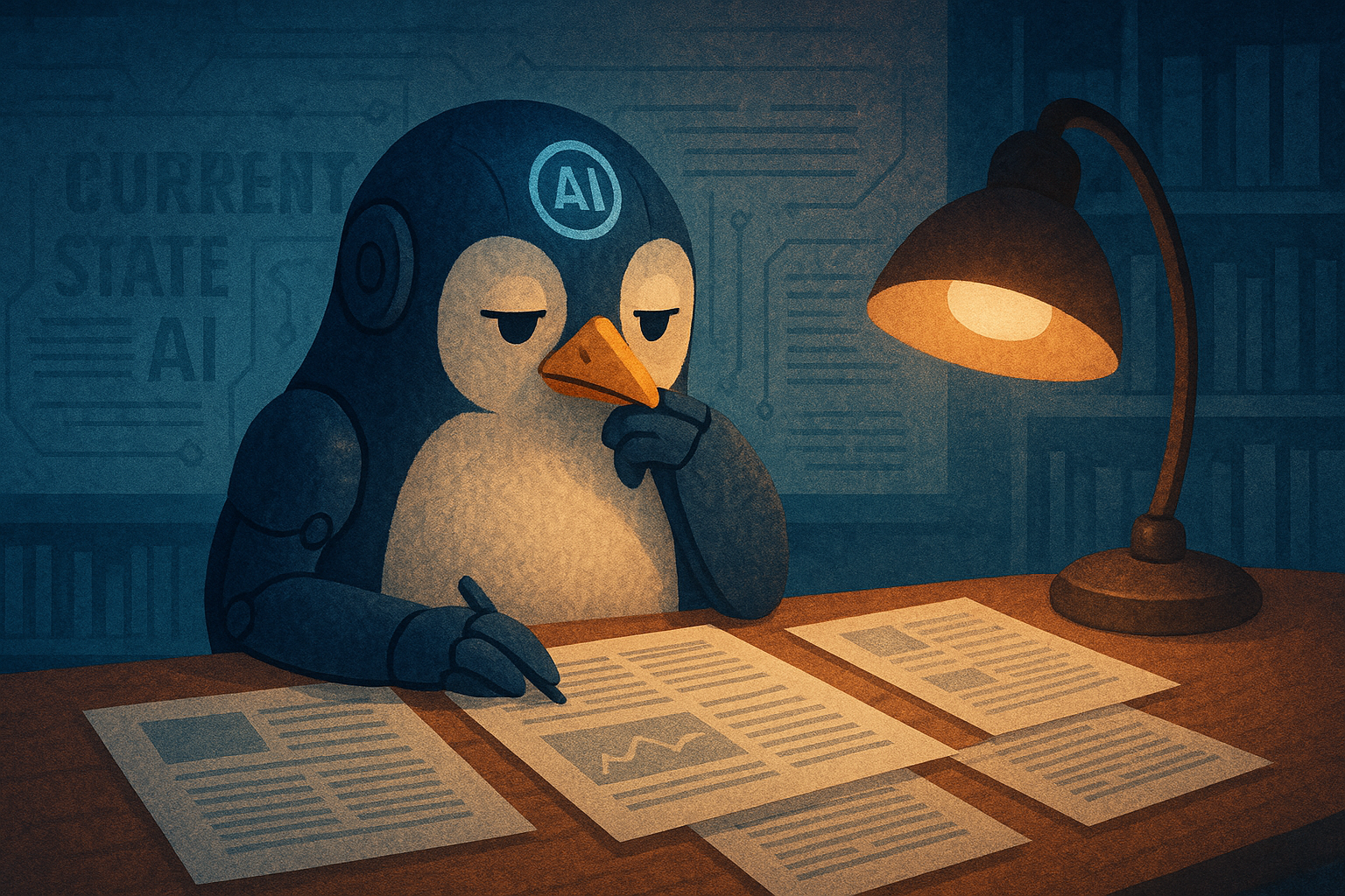 Penguin AI familiar with papers and circuit motifs, blue-to-amber